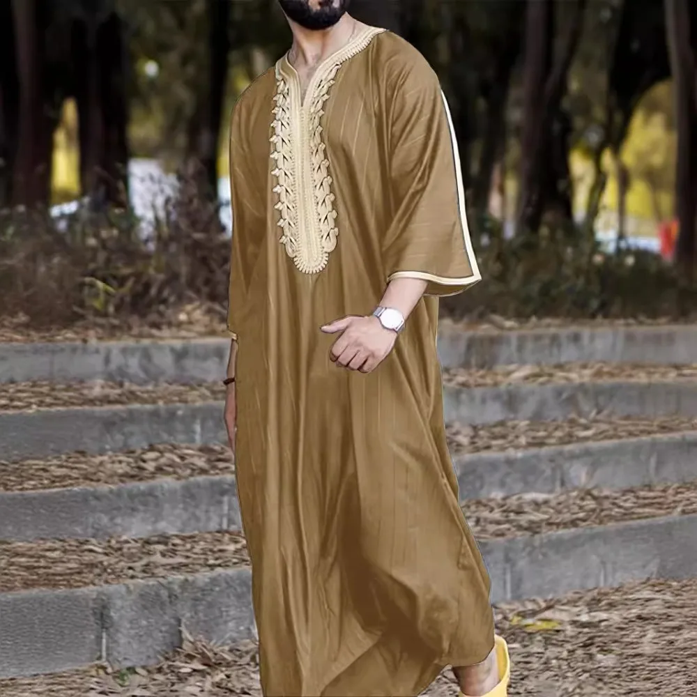 Eid Muslim Men Dress Jubba Thobe Mens Abaya Stand Collar Islamic Eid 2025 Ramadan Long Robe Musulman Caftan Dubai Arab Dresses