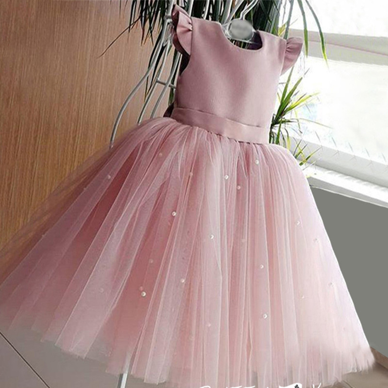 Abito da bambina in tulle con fiori per compleanno, abito da sposa con fiocco senza schienale, abito da festa per bambini, abito da principessa blu, abiti con fiocco per bambina