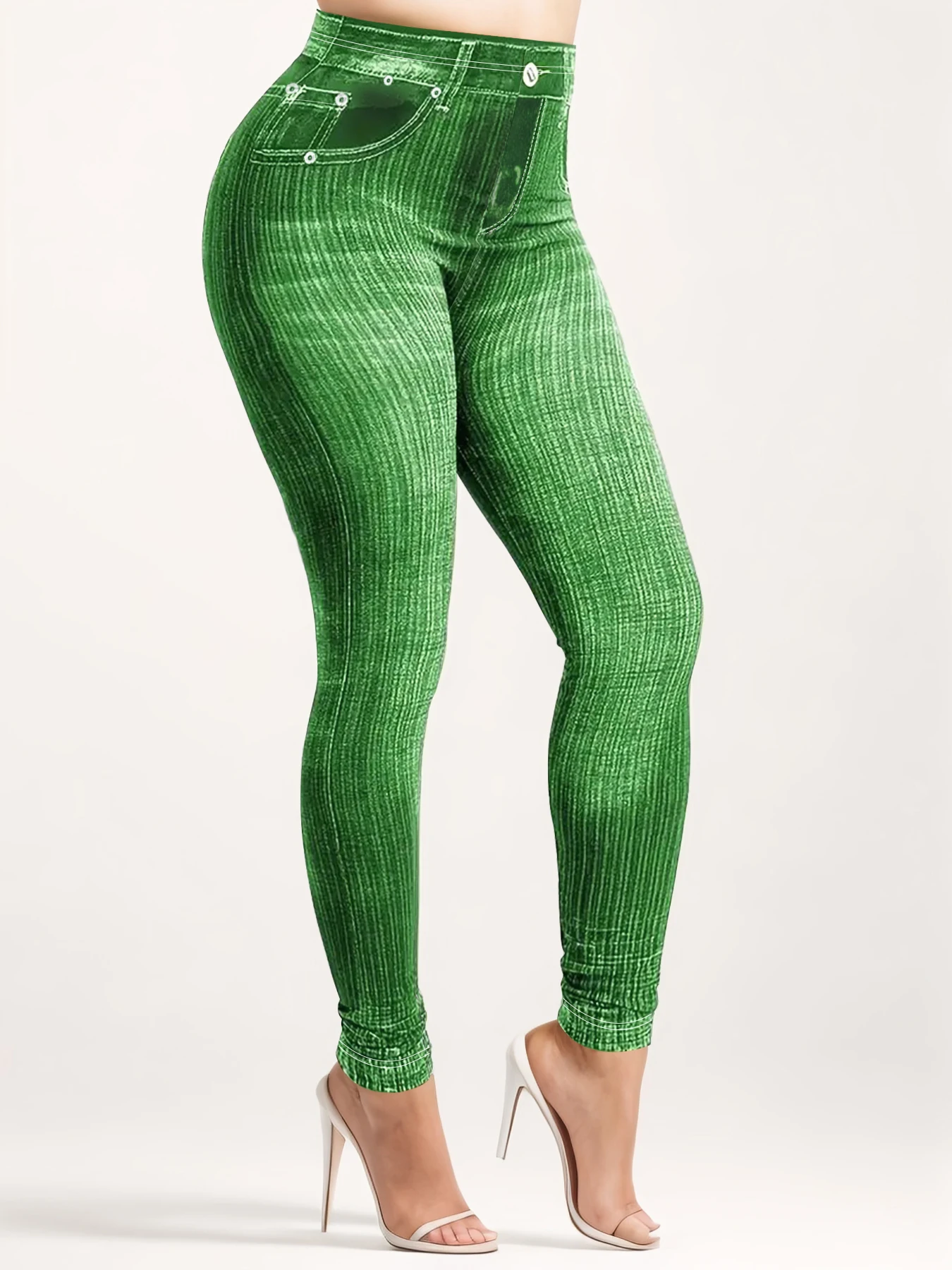 Plus size dameslegging met denim print en lijnenpatroon, met een modieuze en casual gebreide broek met hoge stretch