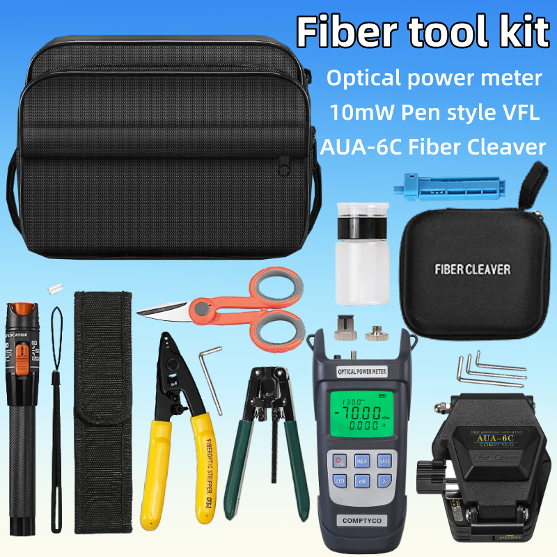 FTTH Fiber Optic Tool Kit With AUA-6C Fiber Cleaver Optical Power Meter Fiber Stripper Aramid Scissors 10mw Visual Fault Locator