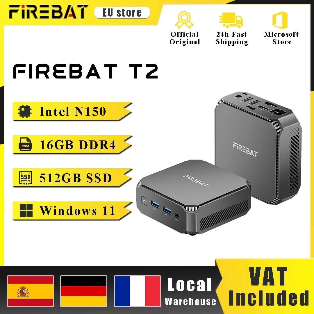 FIREBAT T2 MiniPC Intel N150 Dual Band WiFi5 BT4.2 16GB 512GB Windows 11 Computer da gioco desktop Mini PC Gamer