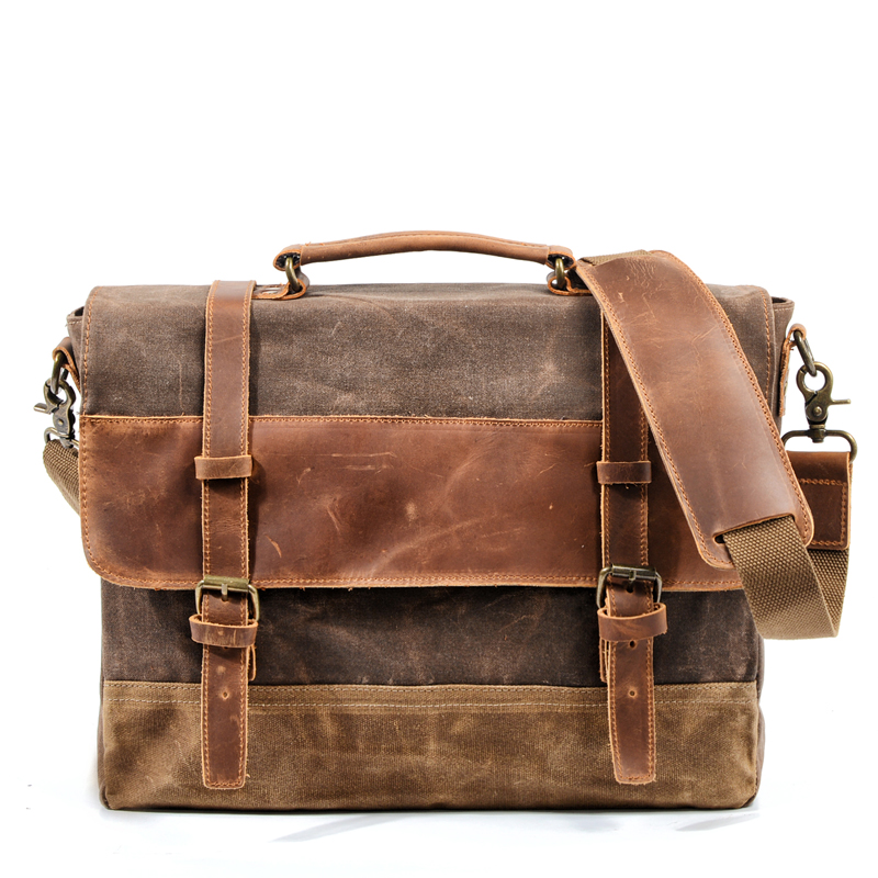 MUCHUAN Öl Wachs Leinwand Handtasche Herren Wasserdichte Schulter Tasche Vintage Leinwand Leder Aktentaschen 14 "Laptop Messenger Taschen Große