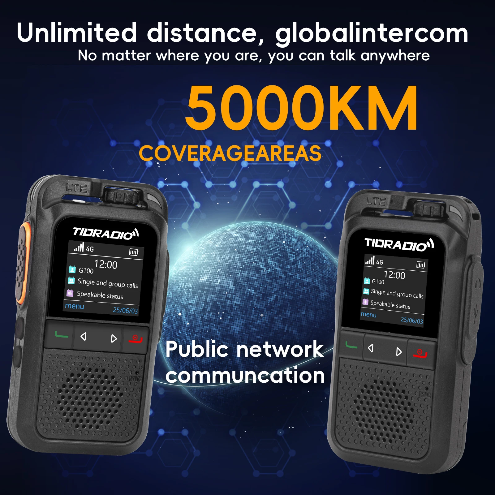 TIDRADIO TD-G100 Walkie-talkie Global 5000 Km Larga modo de reposo Adecuado para equipos de convoy Senderismo en espera Alta cobertura Sin licencia