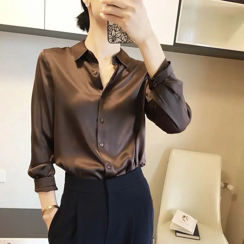 Braune Seidenkleidung zum Arbeiten, Büro-Outfits, langärmelig, lila, Frühlings-formelle Oberteile für Damen, Satin-Damenhemd und Bluse, cool