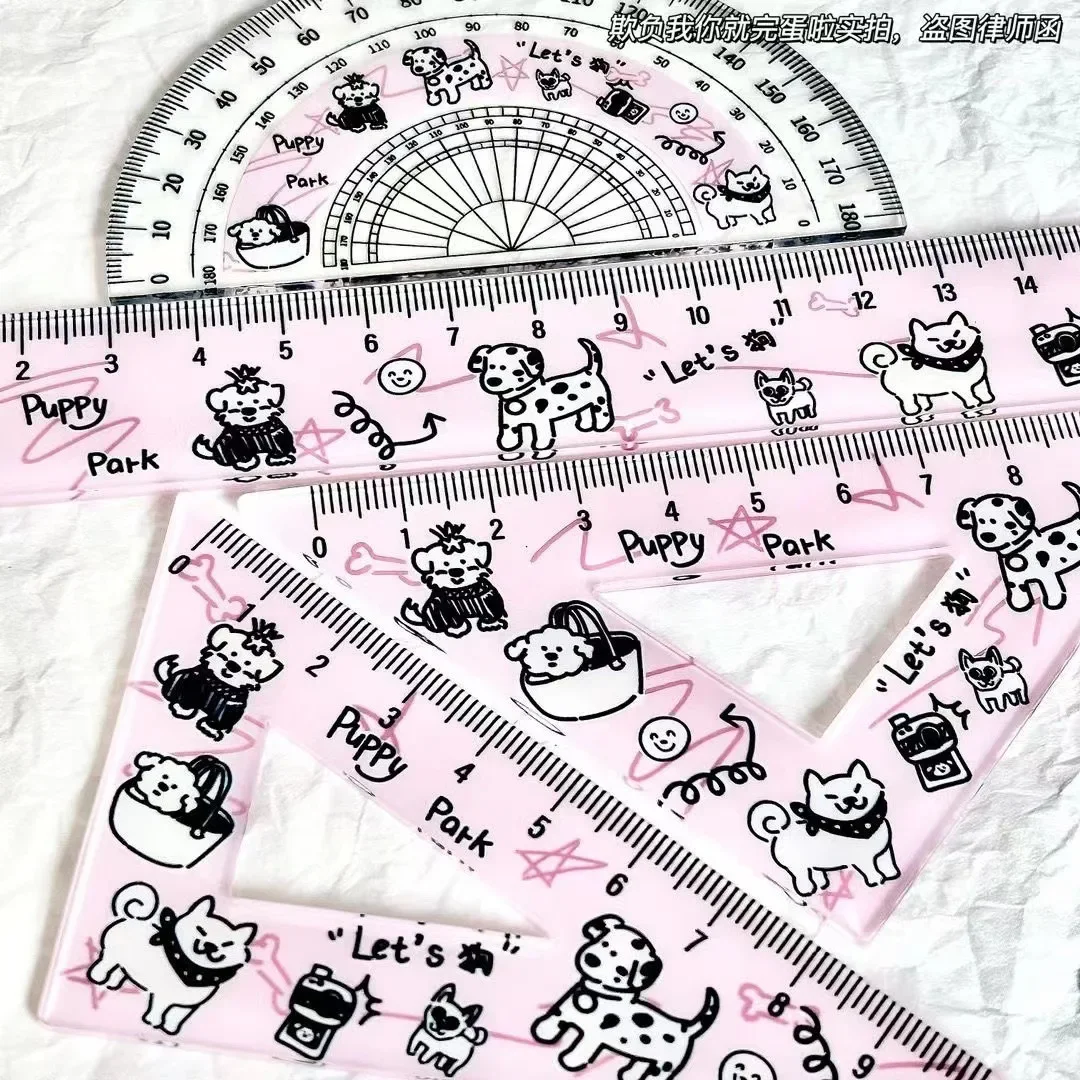 Ins carino cucciolo bianco nero rosa righello traslucido set da 4 pezzi ragazza kawaii triangolo righello goniometro righello studente di cancelleria