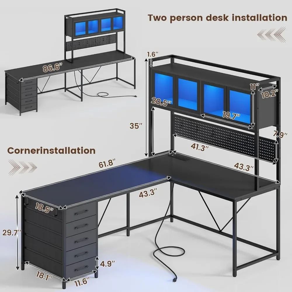 L Shaped Gaming Desk with Drawers, L Shaped Computer Desk with Hutch and Storage Shelves, Gaming Desk with Pegboard, Led
