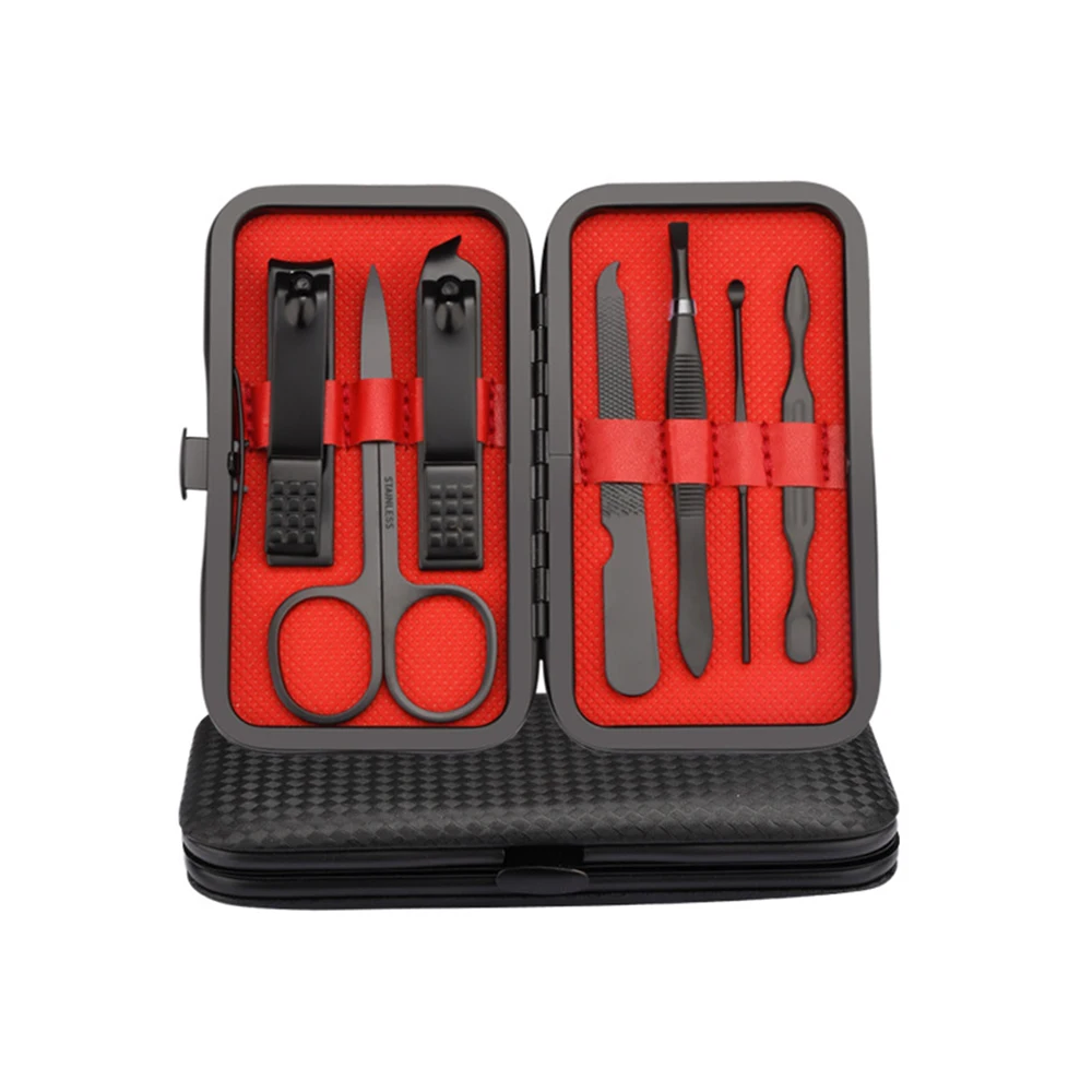 Juego de uñas de acero inoxidable de 7 piezas, cortaúñas negro elegante, lima de uñas, herramientas de belleza para manicura completa