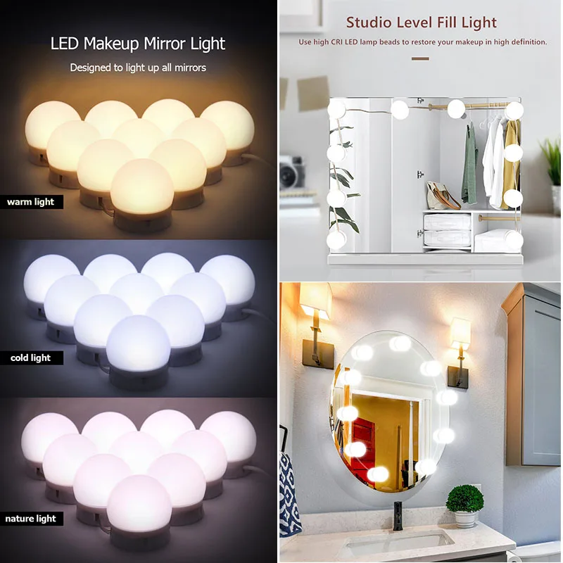 Luce di riempimento per specchio per trucco a LED, luce tricolore con luminosità regolabile, luce ambientale per specchio di bellezza plug-and-play