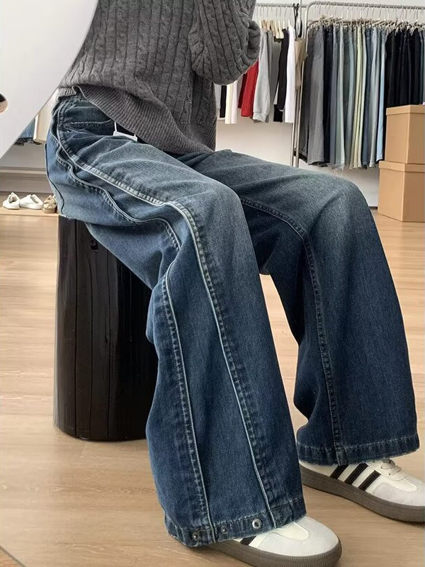 plus Size American Retro Waed Wide Leg Jeans Women's Spring Autumn Loose Straight Loose Slimming Floor-Length Pants