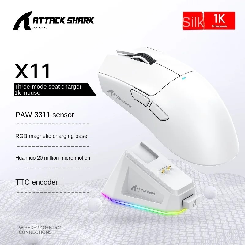 Attack Shark X11 PAW3311 ratón Bluetooth, conectividad de modo Triple, base de carga magnética táctil, ratón para juegos ultraligero