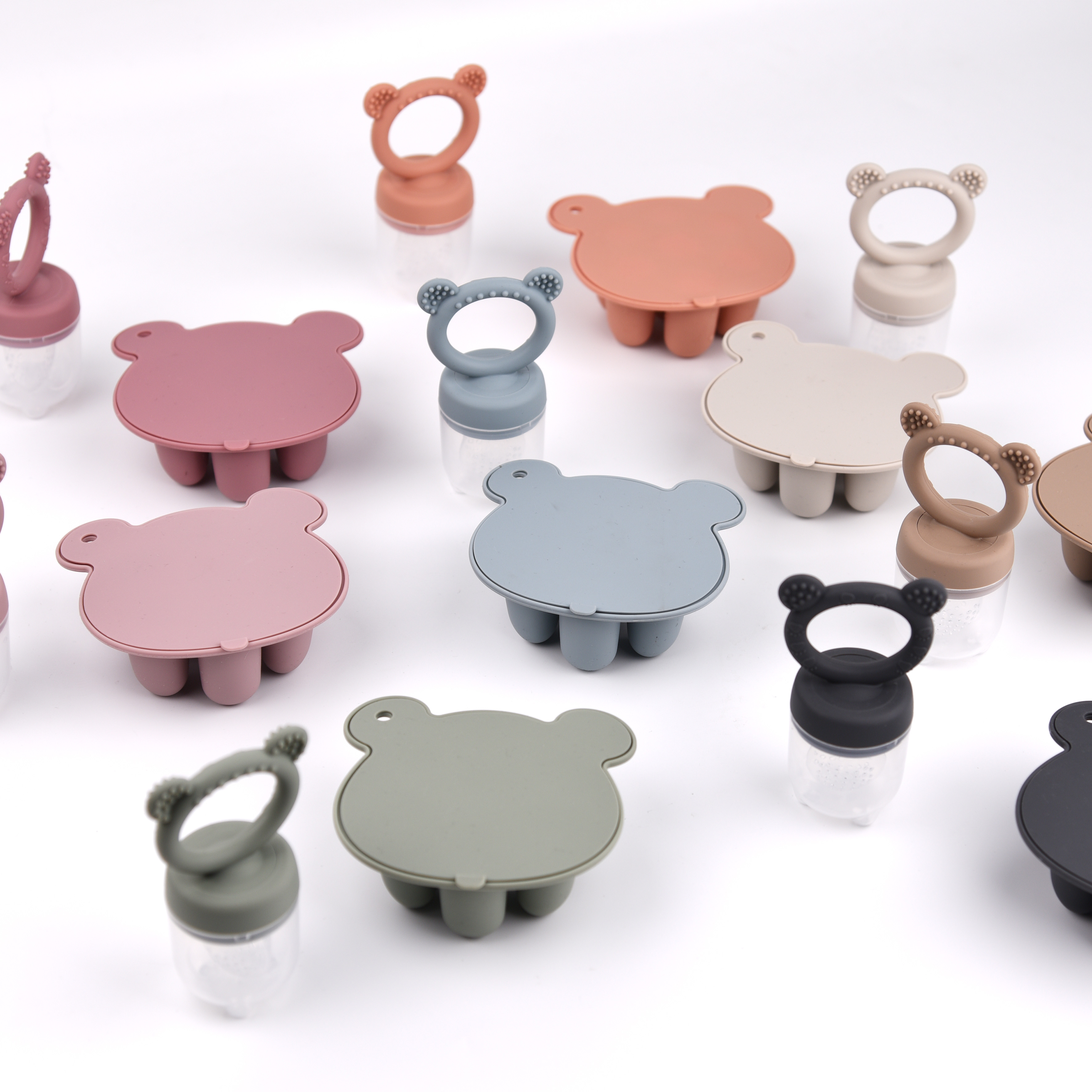 Mais recente design animal urso conjunto alimentador de frutas leite materno freezer bandeja comida sopa silicone freezer bandeja silicone picolé molde