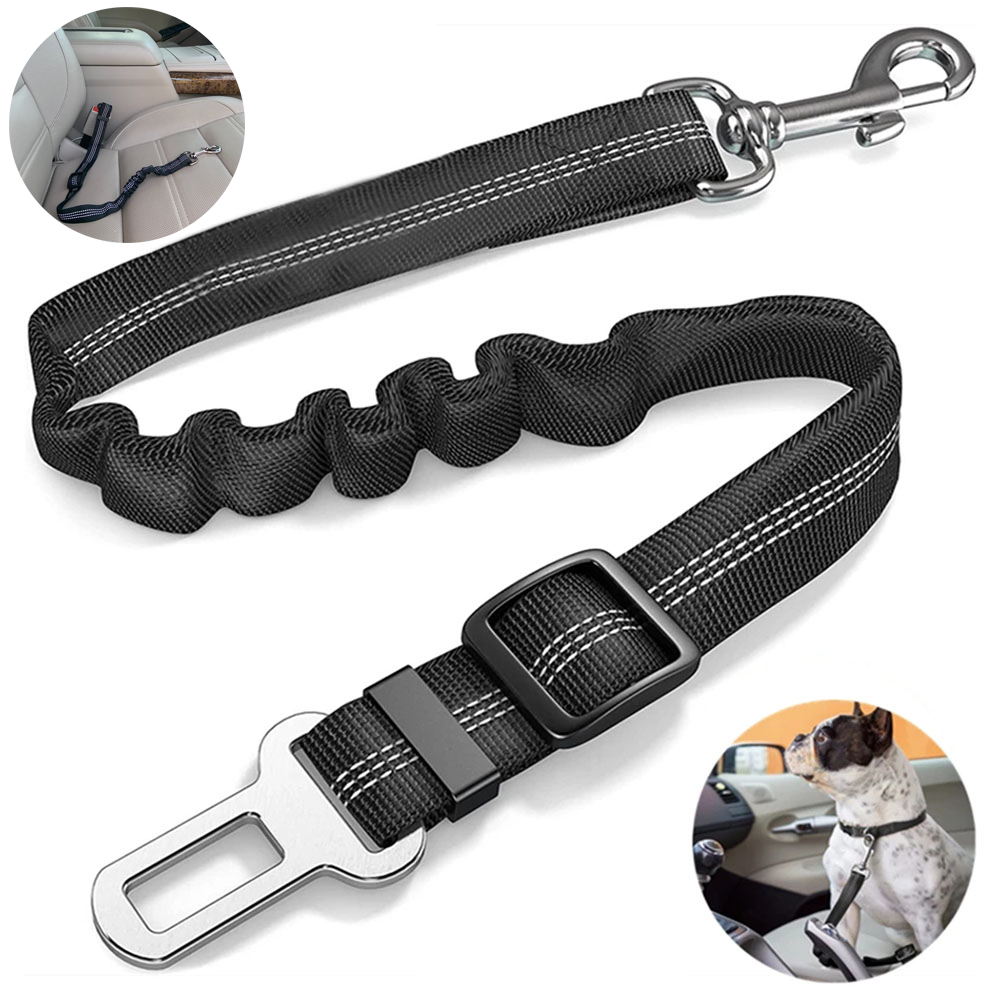 The dog seat belt is adjustable and retractable. Tugboat with elastic pet belt, car seat belt or safety rope