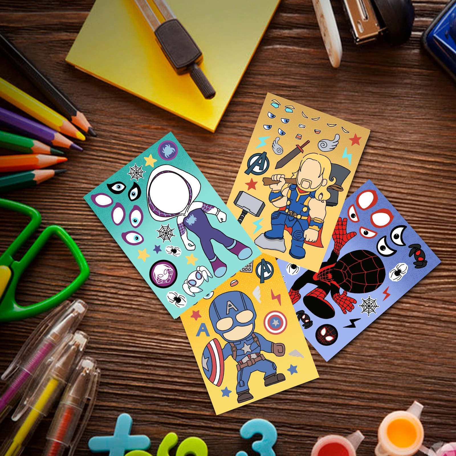8/16/24 Uds SpiderMan Iron Man pegatina hacer una cara niños DIY rompecabezas divertido Anime montar pegatinas juguetes para niños niñas regalos