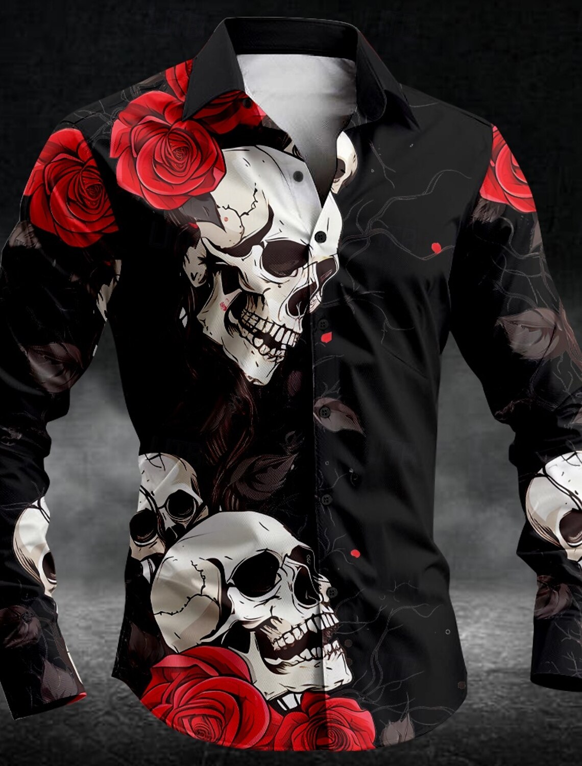 Camisa con botones para hombre, informal, oscura, con calavera rosa, manga larga, para fiesta, noche, camisa diaria, cuello, botón