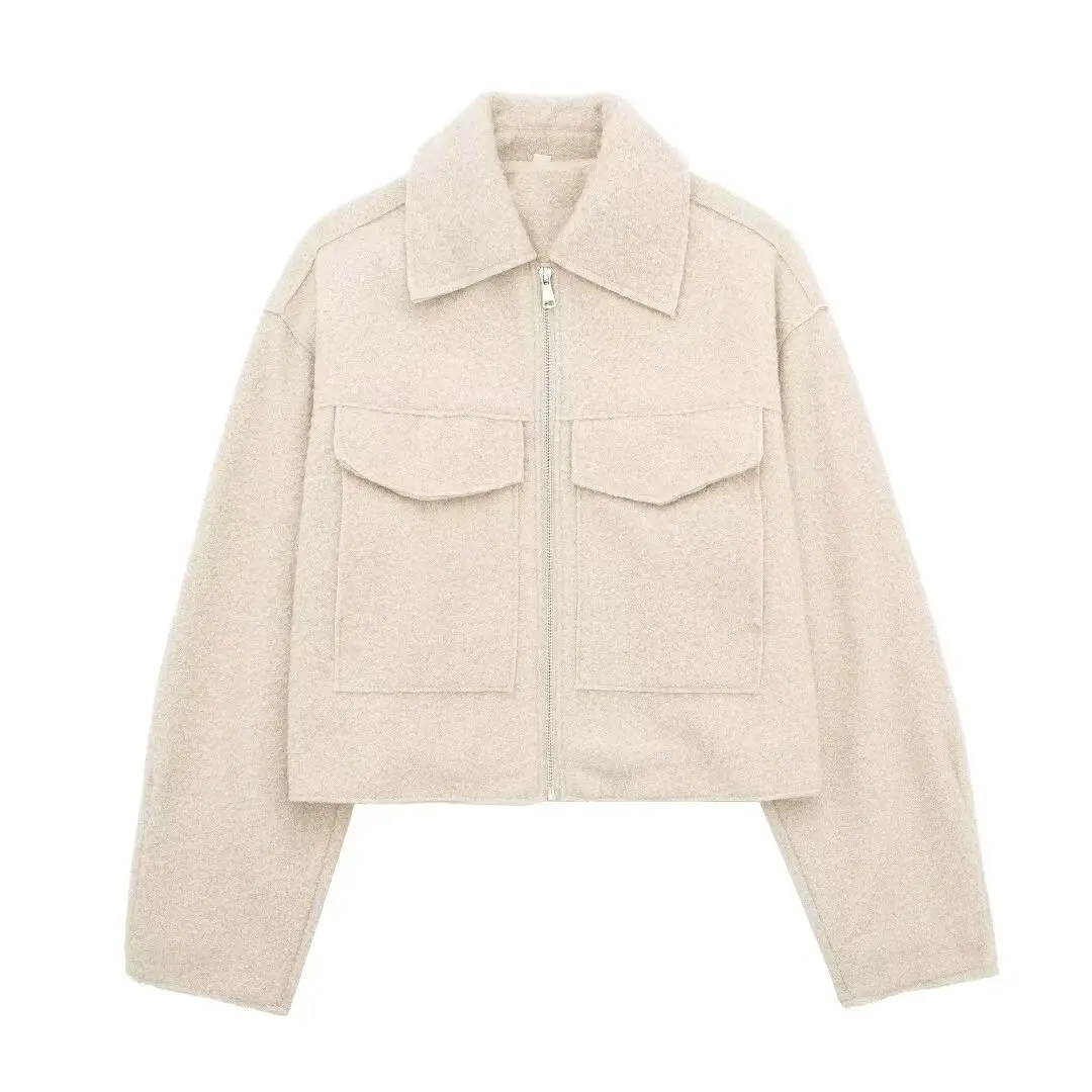 Duoperi-Jaqueta feminina cortada em lã, gola de lapela, mangas compridas, moda chique, casual, curta, moda feminina, inverno, outono