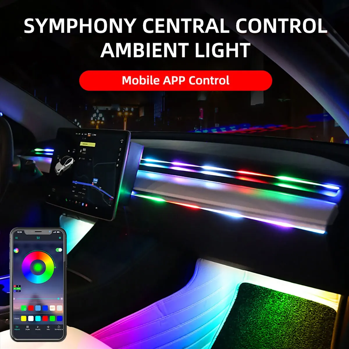 รถ LED Ambient Light USB 64 สีแถบอะคริลิค 110 ซม.สี RGB ภายในรถซ่อน App รีโมทคอนโทรลบรรยากาศโคมไฟ