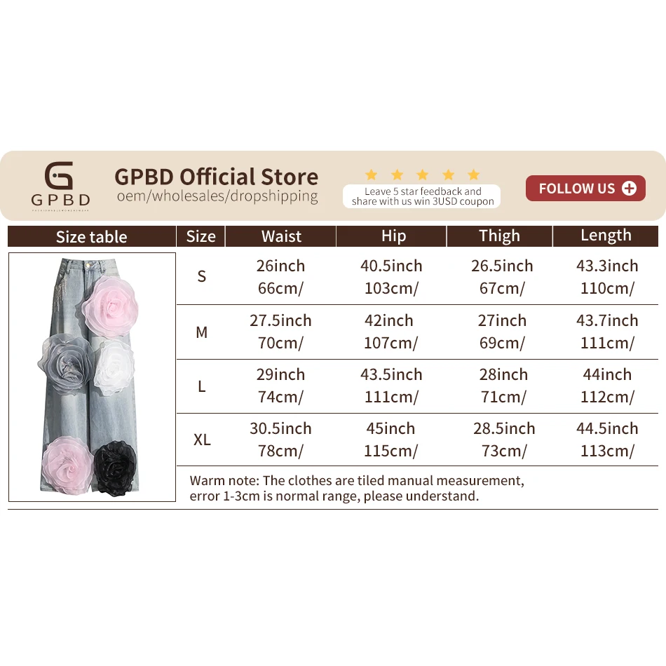 GPBD Y2K новые джинсы модные 3D цветы аппликации женские джинсы с высокой талией женские свободные прямые джинсы уличная одежда для пар