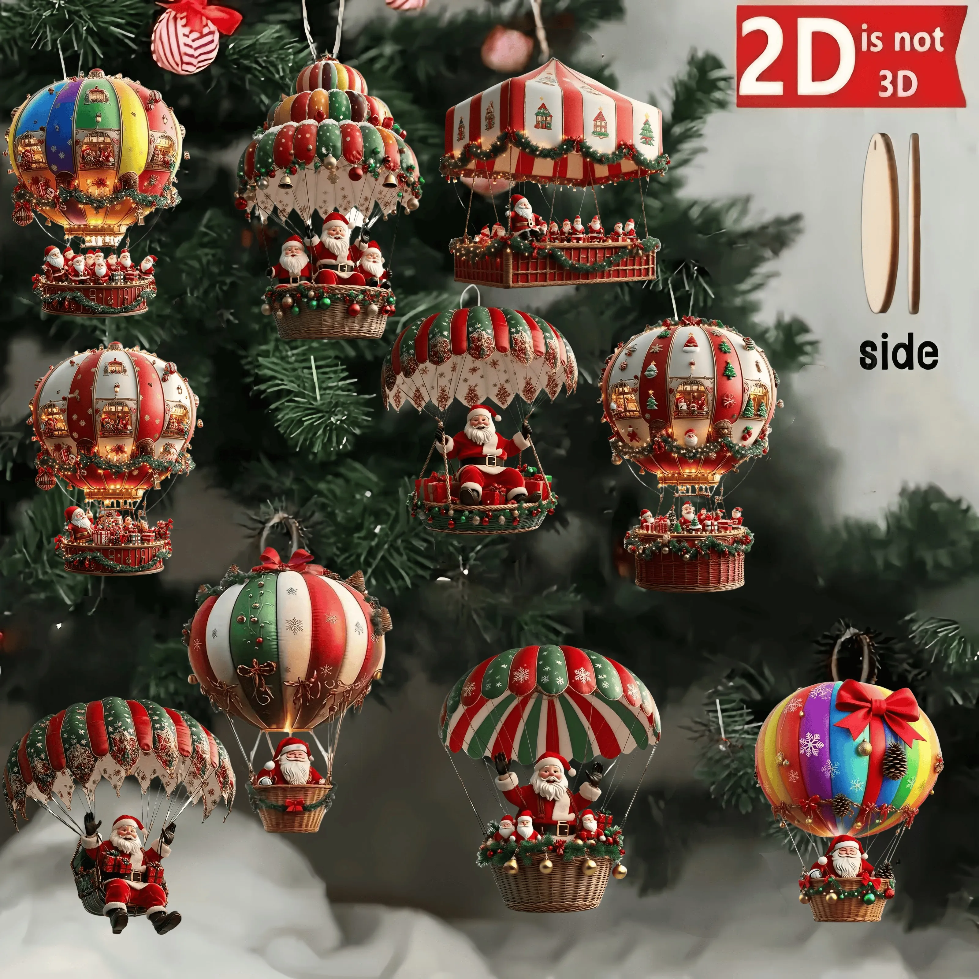 10 Stück Weihnachts-Heißluftballon aus Holz, Weihnachtsmann, 2D-flacher Holzanhänger, Weihnachtsbaum-Dekoration, perfektes Weihnachtsgeschenk, Dekor