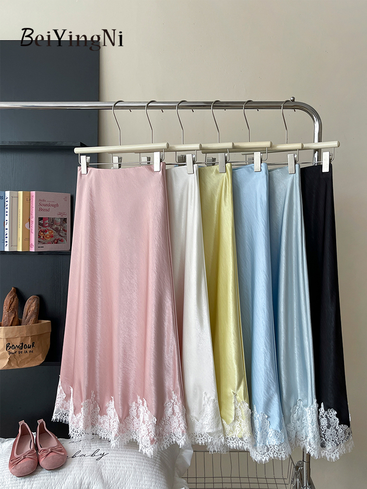Beiyingni Franse Elegante Satijnen Zeemeermin Rok Vrouwen Lente Zomer Kant Patchwork Pack Hip Lange A-lijn Rokken Kantoor Dames Faldas