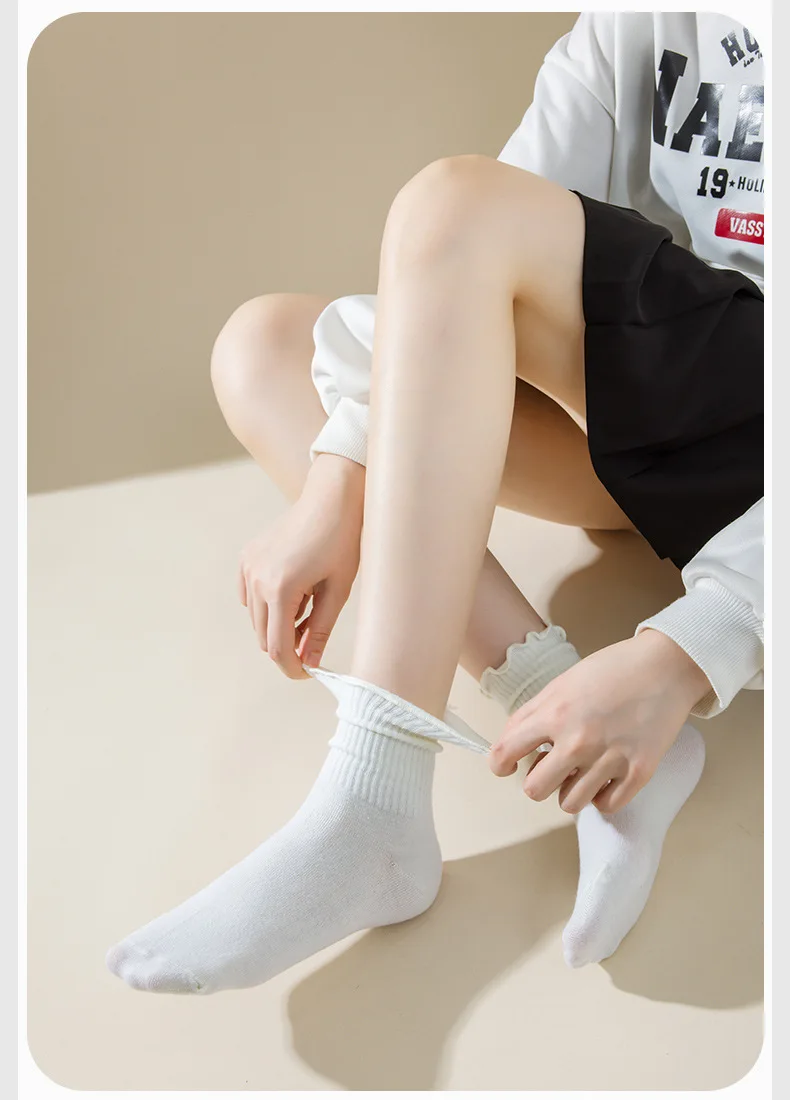 5 par/lote calcetines para mujer volantes tubo medio tobillo corto transpirable negro blanco conjunto primavera otoño