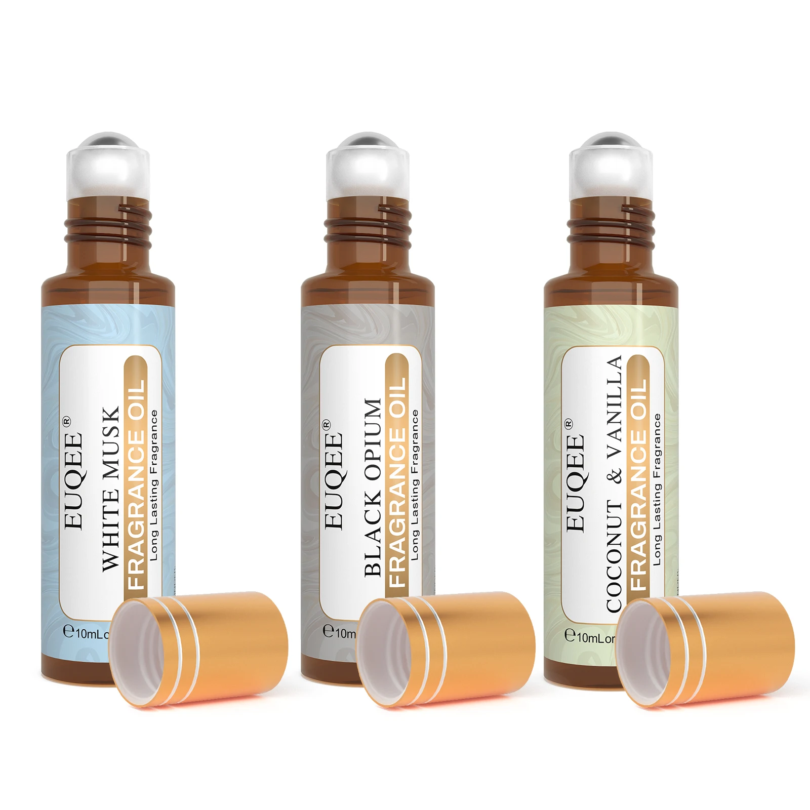 EUQEE 3PCS Fragrance Oils Roll-On Long Lasting Scent Coconut & Vanilla White Musk Baby Powder Fresh Linen Oud Wood Amber Romance