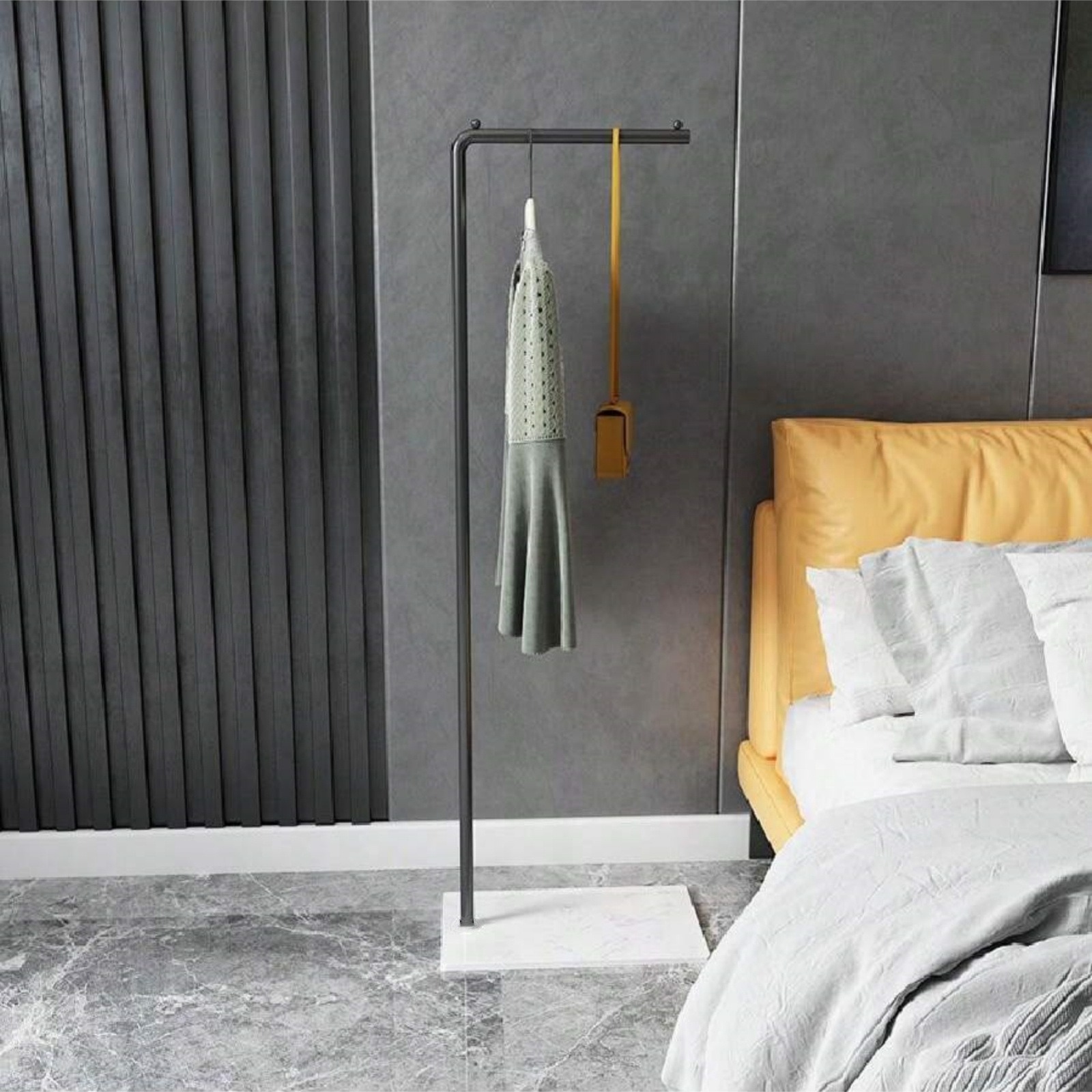 Scandinavian Modern Metal Valet Stand - Freestanding Multipurpose Suit Rack with Special Functions - Bedroom Clothing and Accessories