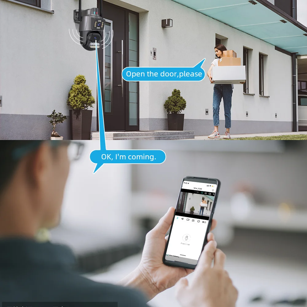 Telecamera WIFI 4K HD a doppio obiettivo Telecamera PTZ a doppio schermo 2K Telecamera di sicurezza con tracciamento automatico esterno Sorveglianza impermeabile ICSEE
