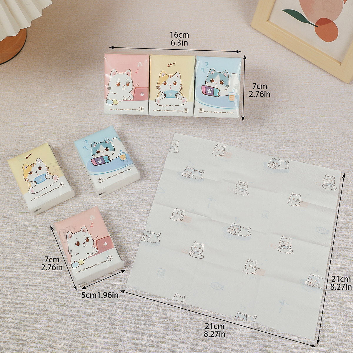 9pcs/pack Fashionable Lucky Cat Handkerchief Paper Student Portable Small Pack Cartoon Printed Hand Tissue For Daily Cleaning