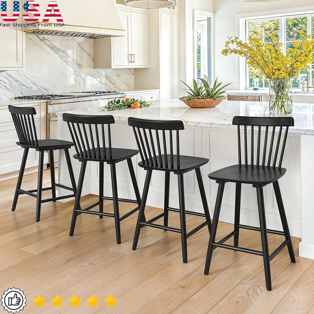 4 Pieces Windsor Wooden Bar Stools Set 24 Inch Counter Height with Comfortable Seating Contoured Backrest Kitchen
