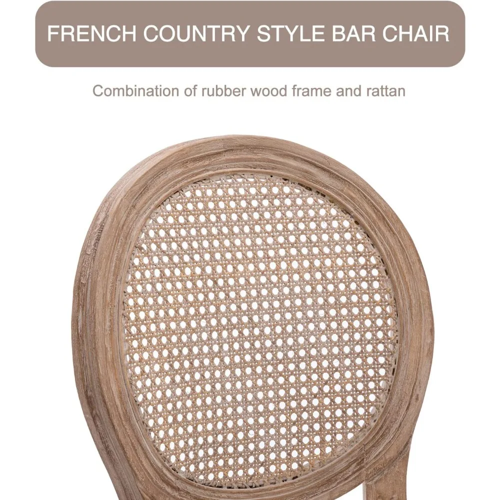 French Country Bar Stool Set of 4, Rattan Counter Height Chairs with Solid Wood Frame and Upholstered Seating, 26 Inch Bar