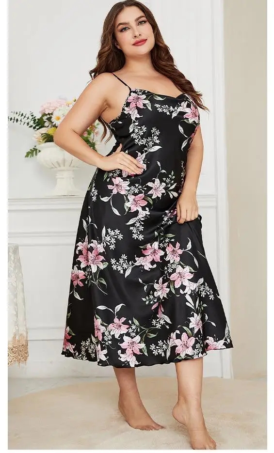 XL-5XL camisón Sexy de talla grande con tirantes, ropa de dormir, lencería de verano para mujer, camisón suelto de satén sedoso, ropa de descanso