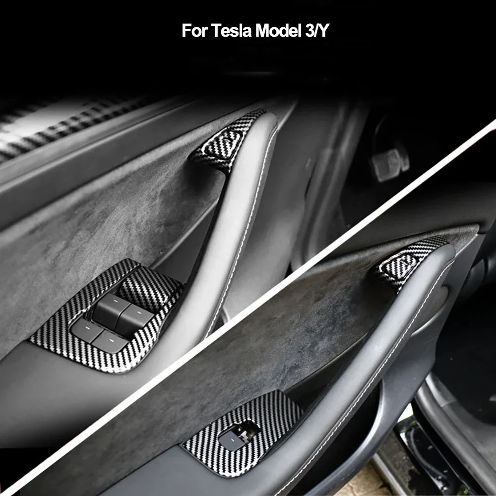 Cửa Sổ Nâng Nút Công Tắc Cho Mẫu Tesla Model 3 Y Bao Viền Miếng Dán Khung Sợi Carbon ABS Nội Thất Ô Tô Phụ Kiện 2017-2023