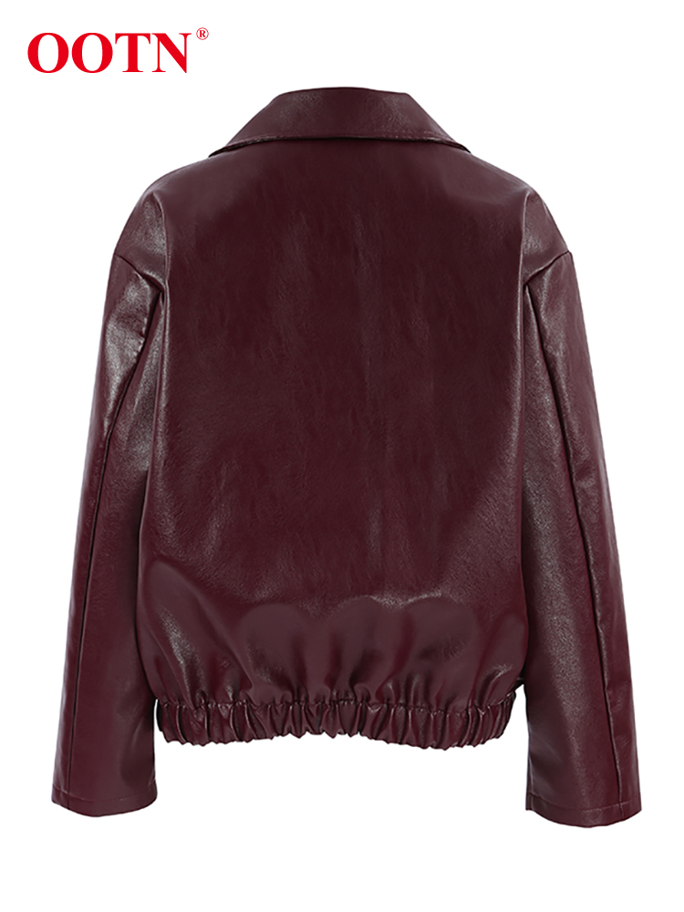 Ootn-女性用ワインレッドフェイクレザーラペルコート、レディースチュニックトップス、厚手のアウターウェア、ジッパーラペル、秋、冬のストリートウェア、ファッション、2022、2024