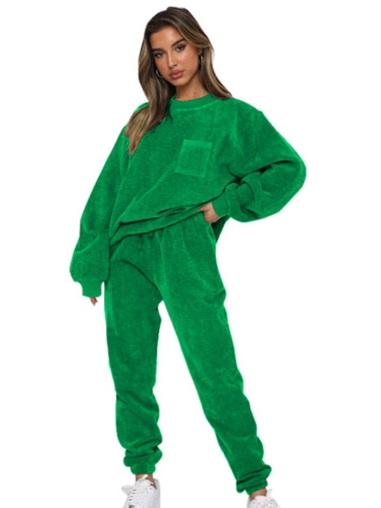 秋と冬の新コーデュロイ無地プルオーバー長袖女性のスーツカジュアルスポーツファッションパンツ女性のための 2 個セット