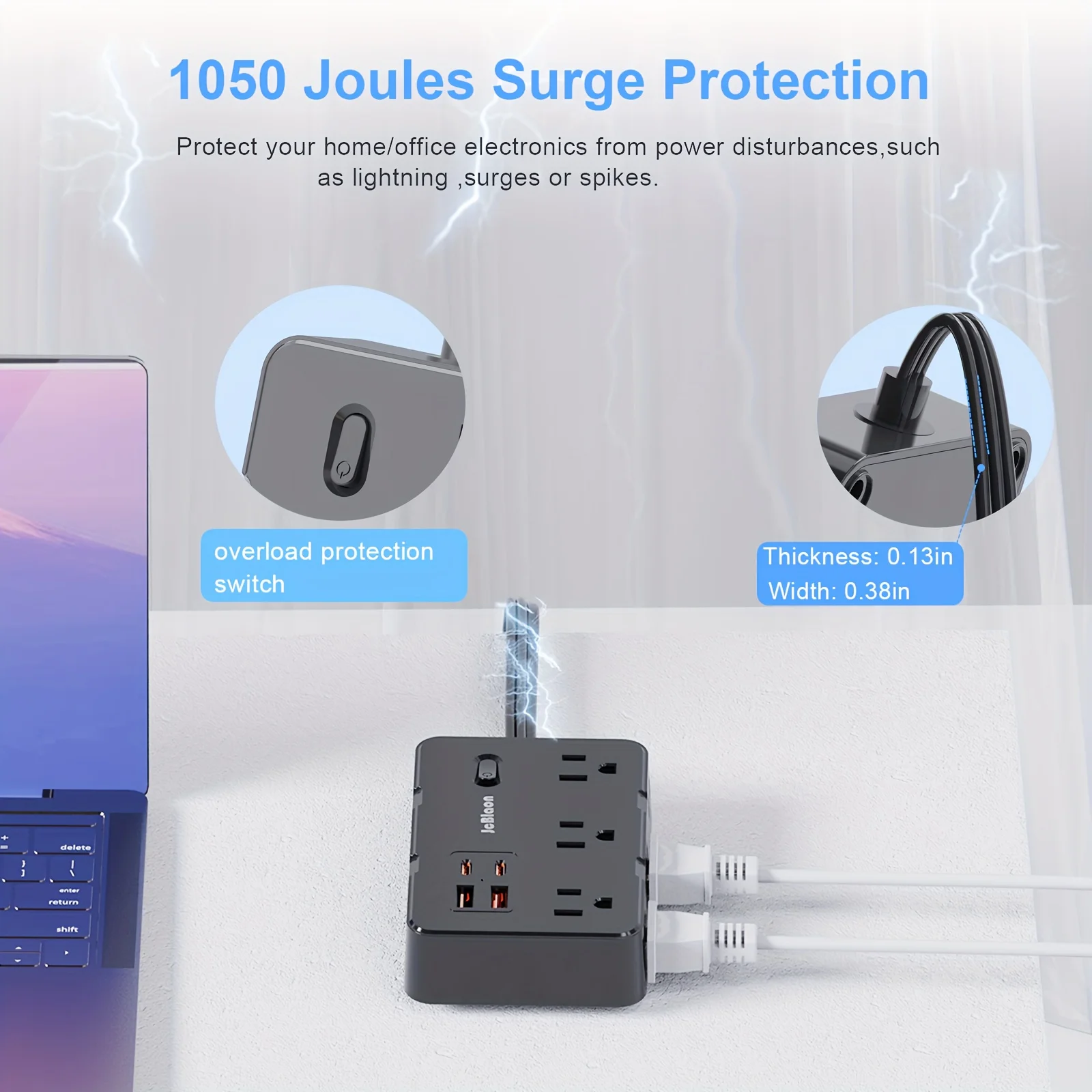 Protetor contra surtos plugue americano plano ultrafino com 6 tomadas amplamente 4 portas USB, cabo extensor de 5 pés, adaptador de faixa de energia para escritório doméstico