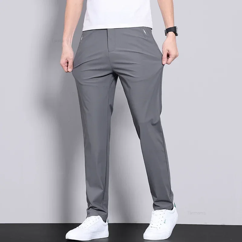 Ultra-thin Elastic Men's Casual กางเกงฤดูร้อน Quick-drying ICE Silk Slim ตรงธุรกิจกางเกงสีทึบสีดําสีเทา