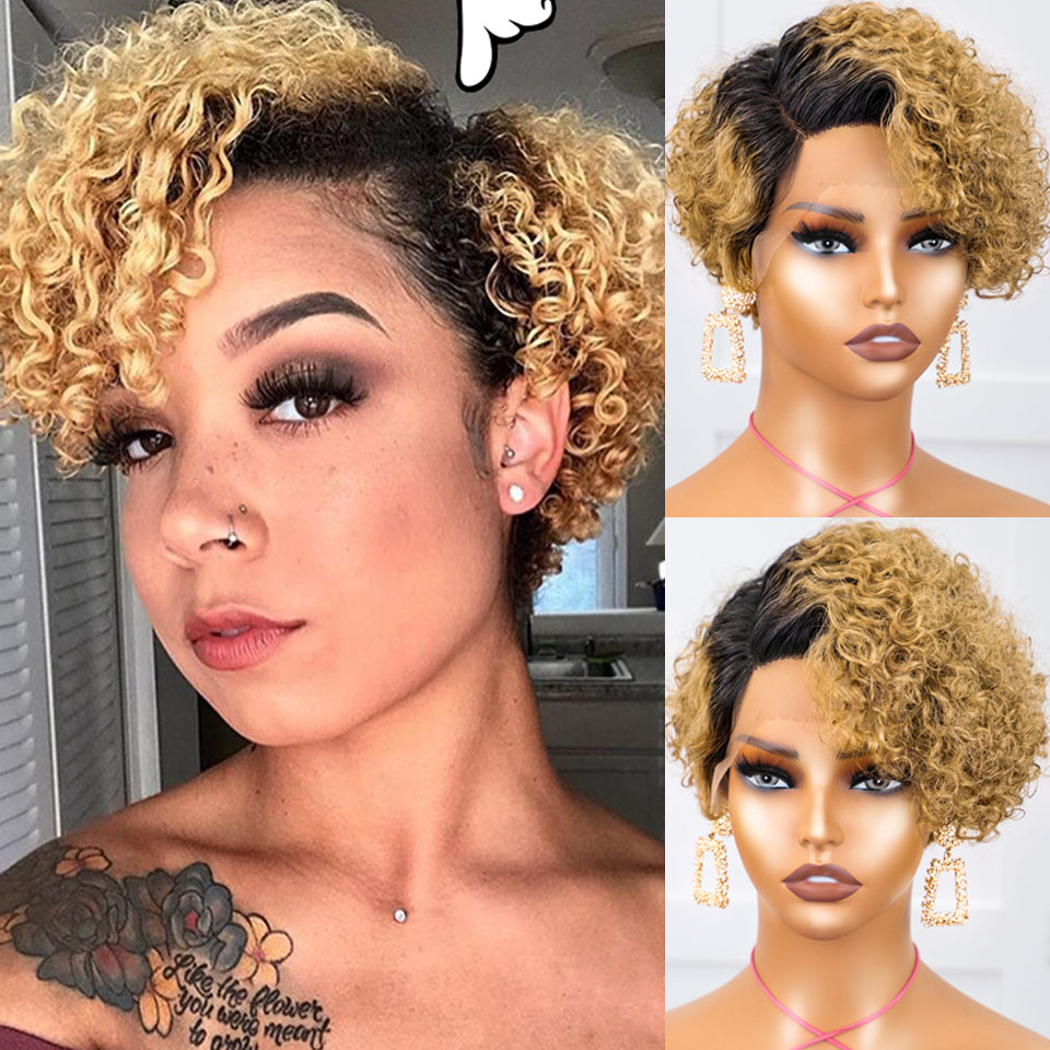 Kurze Bob-Perücke, Pixie-Schnitt-Perücke, lockige Echthaar-Perücken für Frauen, 13 x 1 Spitze vorne, transparent, tiefe Welle, Spitzenperücke, vorgezupfter Haaransatz