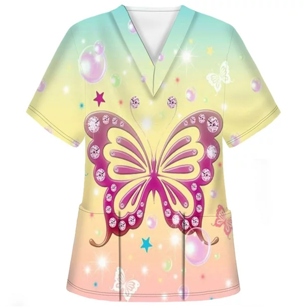 Roupas médicas elegante borboleta impressão com decote em v uniforme cirúrgico mulher manga curta cor remendo bolso superior uniforme clínico mulher