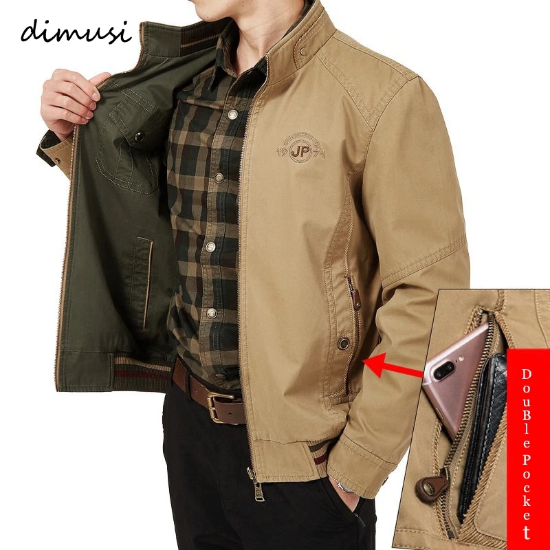 DIMUSI Thu Nam 2 Mặt Quân Sự Áo Khoác Cổ Người Cotton Công Sở Áo Khoác Thời Trang Nam Đa Năng Bỏ Túi Áo quần Áo 8XL