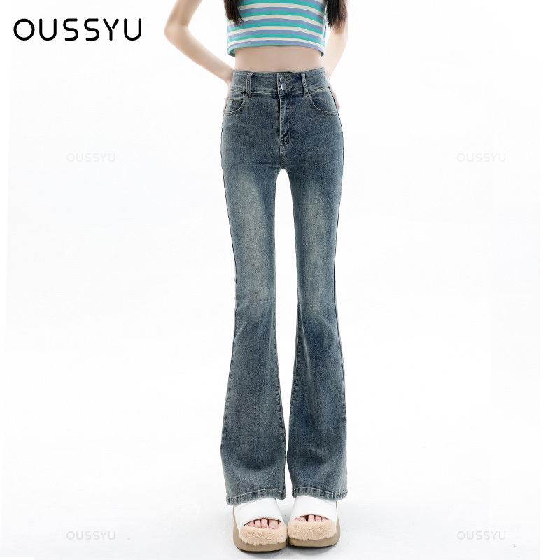 กางเกงยีนส์ผ้าฝ้าย Denim Flared กางเกง Elastic Force Vintage Streetwear สูงเอว Slim Mom Harajuku กางเกงความยาว