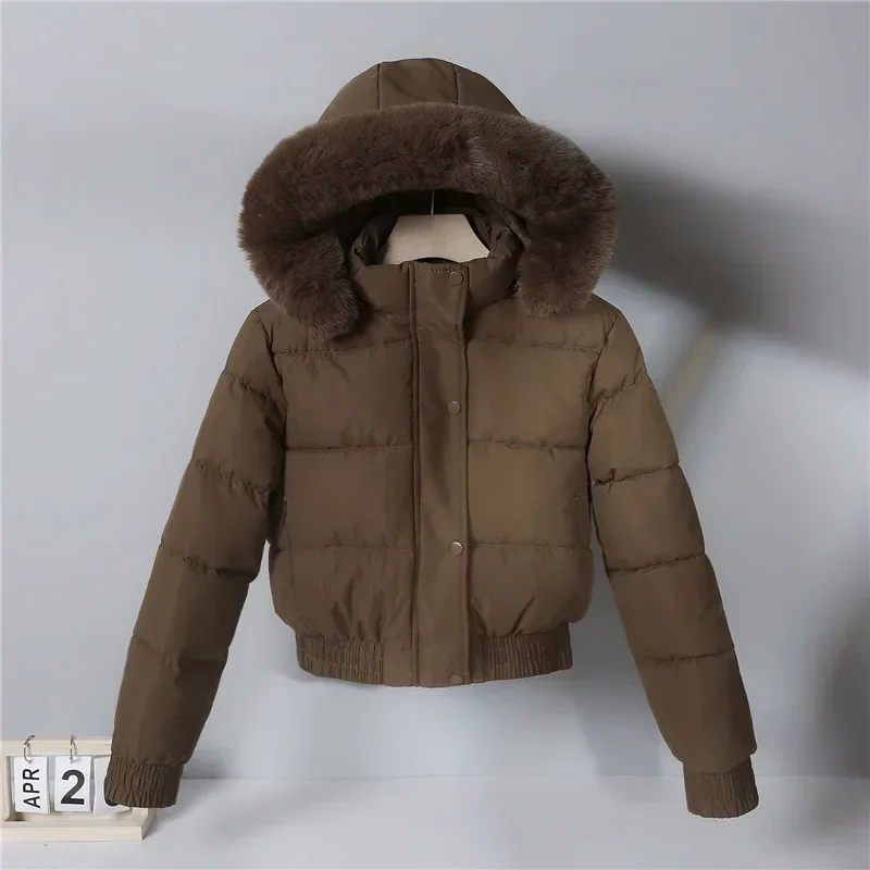 Chaqueta acolchada con capucha para mujer, abrigo de algodón grueso para invierno, abrigos cálidos para panadería, abrigo de algodón holgado con cuello de piel grande 2024