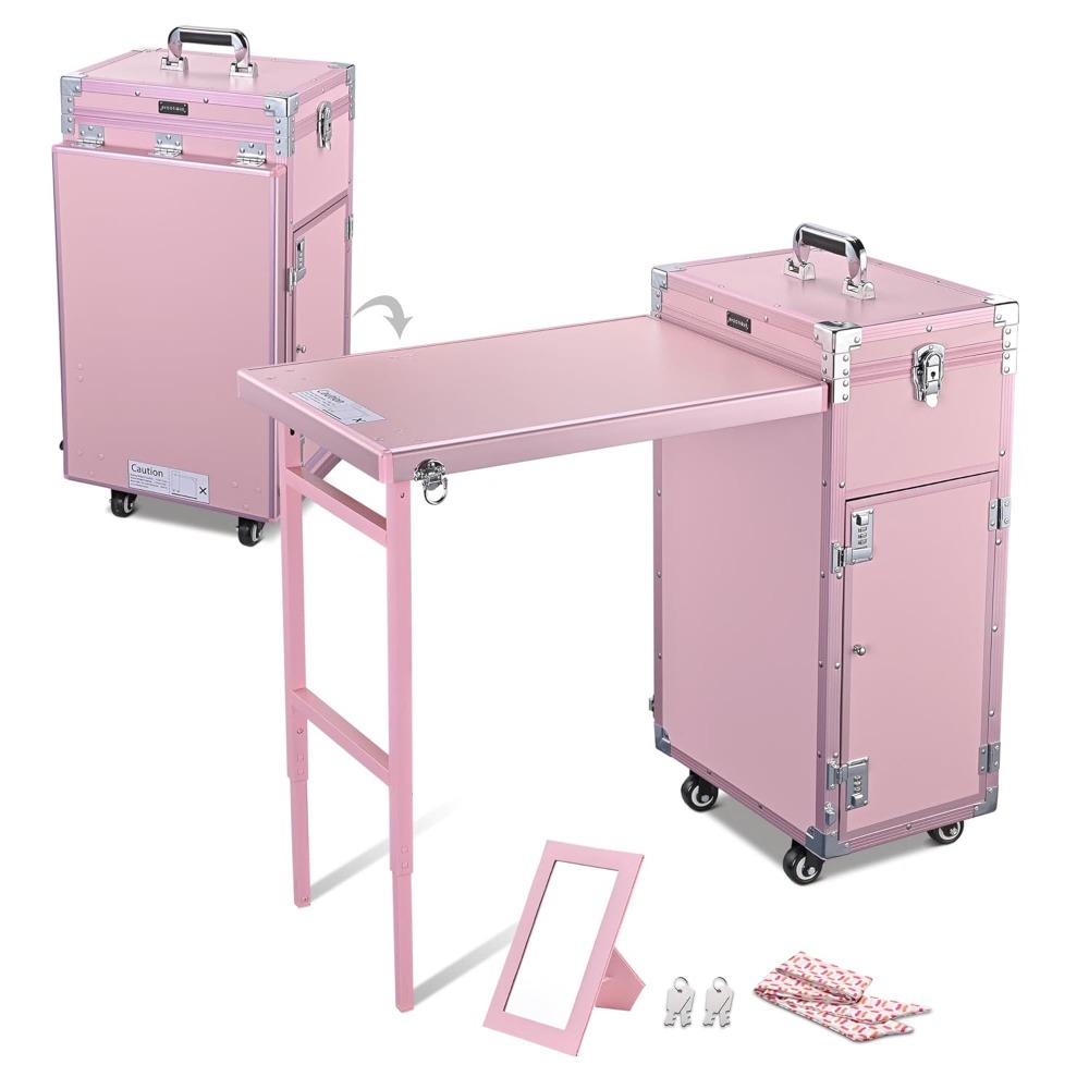 Nail Tables.Rolling Manicure Table Portable Nail Table Foldable Nail Desk Travel Makeup Train Case Cosmetic Trolley Storage