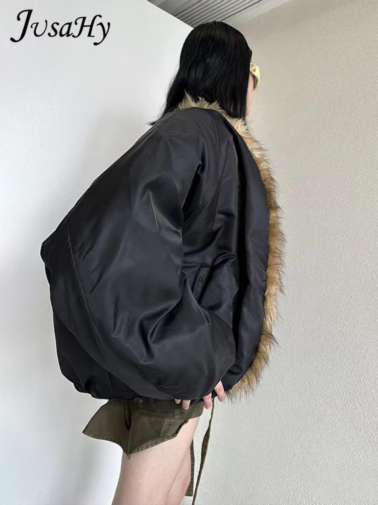 Jusahy แจ็คเก็ตลำลองขนยาวสำหรับผู้หญิง, ใหม่เสื้อแจ็คเก็ตบุนวมปกเสื้อแบบคลาสสิกตรงสุดชิค