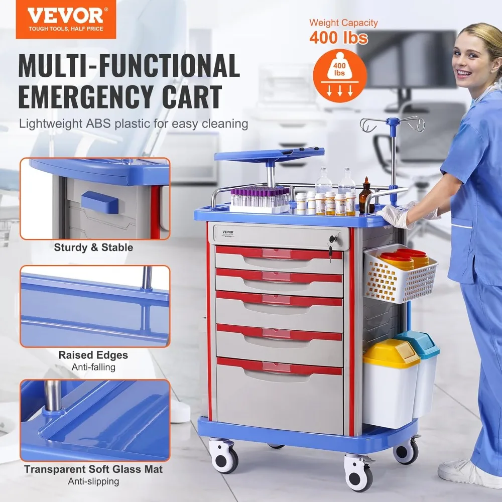 5-Tier Lab Cart With 5 Drawers, 4 Silent Wheels & 2 Trash Cans - Mobile Medical Utility Cart, PP Material - for Clinic, Hospital