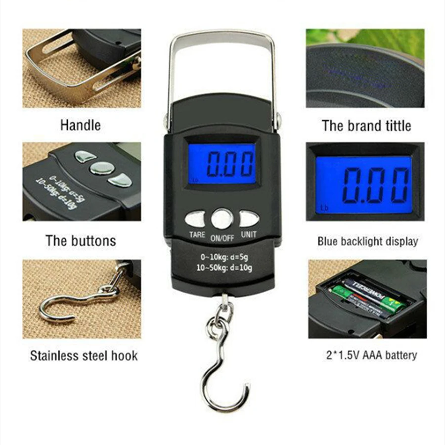 Balança eletrônica com luz de fundo azul, 110lb/50kg, display lcd com regra de medição, fita digital, ferramenta de balança de gancho para pendurar na pesca