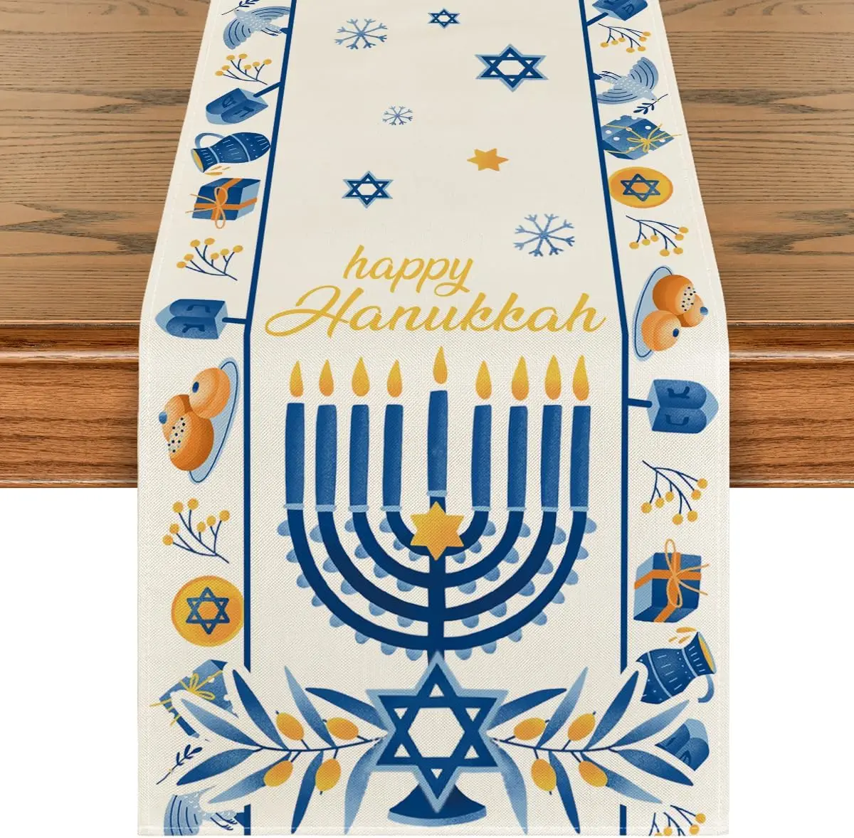 Camino de mesa de lino Happy Hanukkah Menorah, bufandas de tocador, camino de mesa de comedor de cocina Chanukah reutilizable, decoración para fiestas navideñas