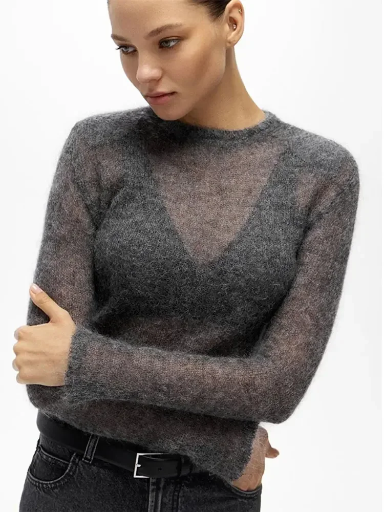 Moda Solidny okrągły dekolt Cienki sweter z dzianiny Elegancki sweter z długim rękawem Bodycon 2024 Nowa jesienna odzież uliczna dla kobiet dojeżdżających do pracy