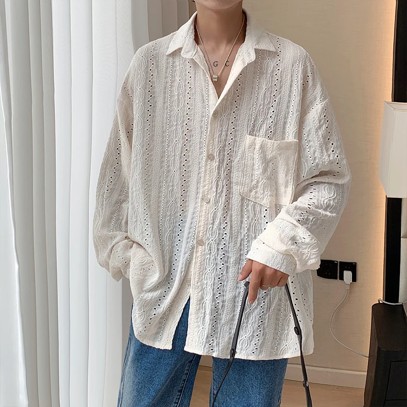 Personalisierte Hemden Männer Hübsche Revers Männer Bluse Urlaub Aushöhlen Sexy Mode Männer Kleidung Männlich Mesh Langarm Shirts