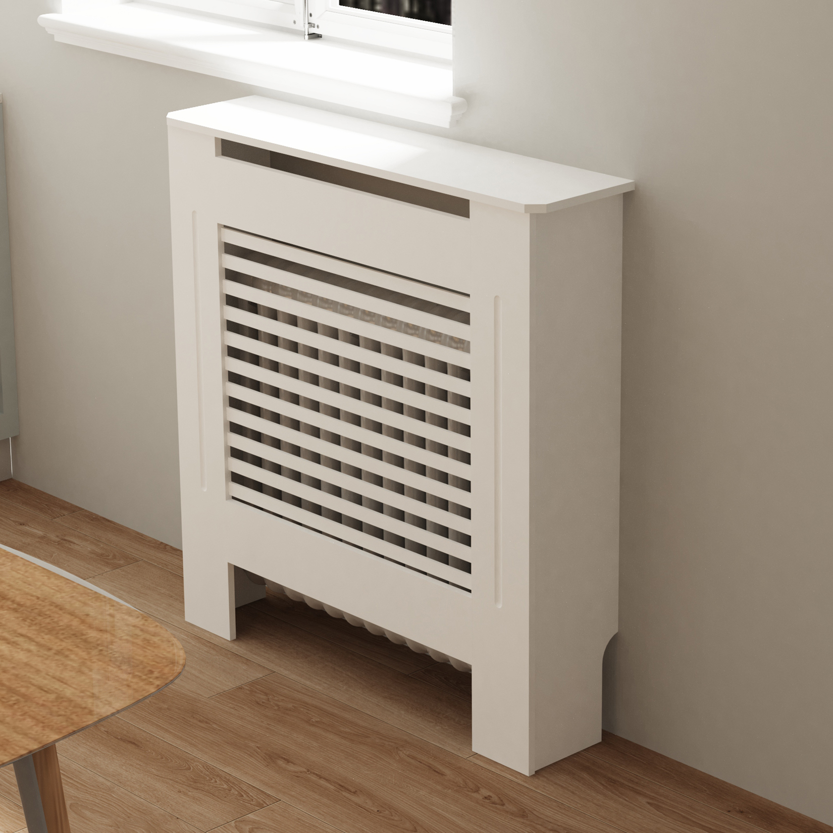 Houten radiatorafdekking Kast Witte horizontale lattenverwarmerafdekkingen Moderne hoge radiatorplank