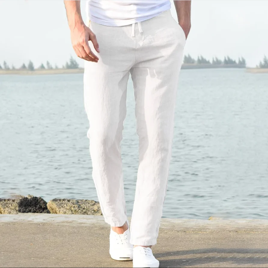 Pantalones de lino y algodón para hombre, pantalones de chándal para correr, ropa de calle, pantalones de lino transpirables de Color sólido, pantalones sueltos para vacaciones de verano, S-5XL